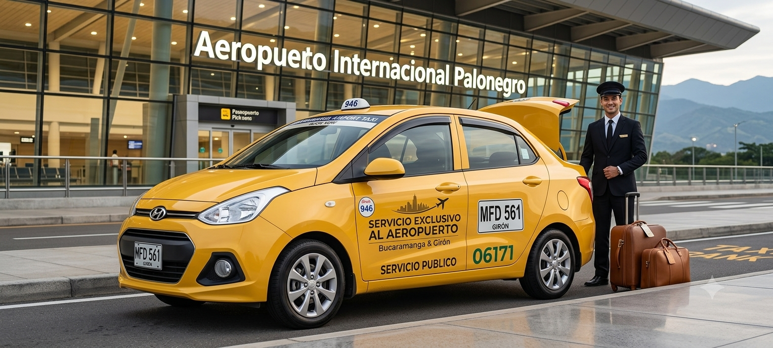 Taxi ejecutivo Palonegro Executive, móvil WFD561, frente al Aeropuerto Internacional Palonegro